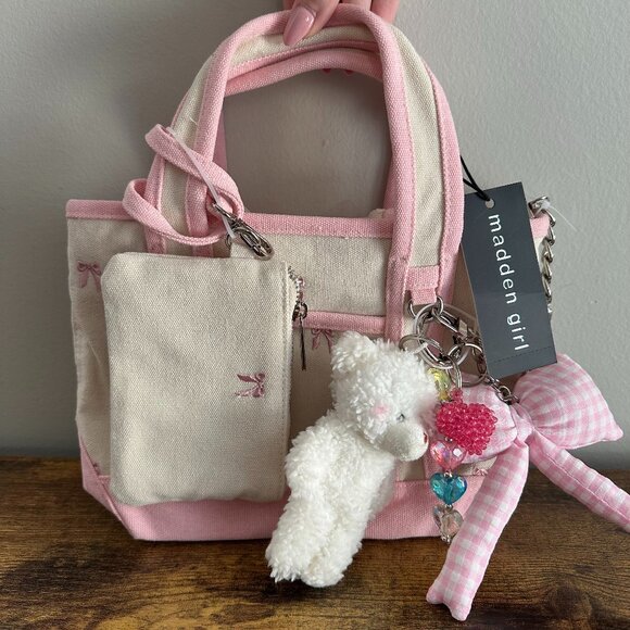 NWT Madden Girl Pink Bow Canvas Mini Tote Viral Crossbody Bear Multi Charm Cute - Picture 1 of 6